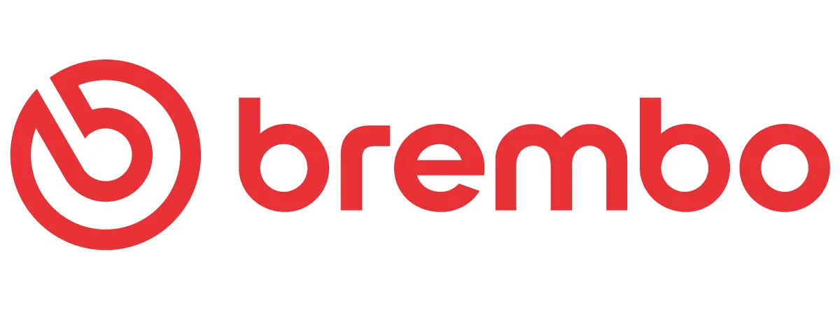 a red and white logo with the word brembo on it